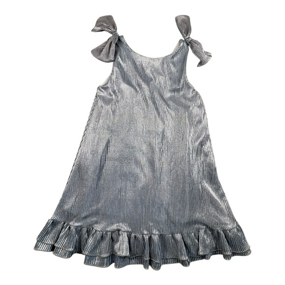 Khintas Silver Metallic Pleated Dress Girls Size 10 Bow Strap Ruffle Hem - Picture 2 of 5